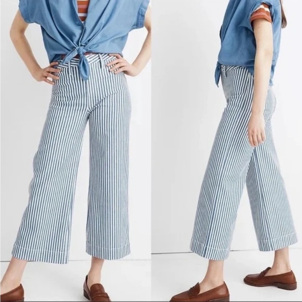 Madewell Emmett Wide-Leg Crop Pants in Herringbone Railroad Stripe, size 28